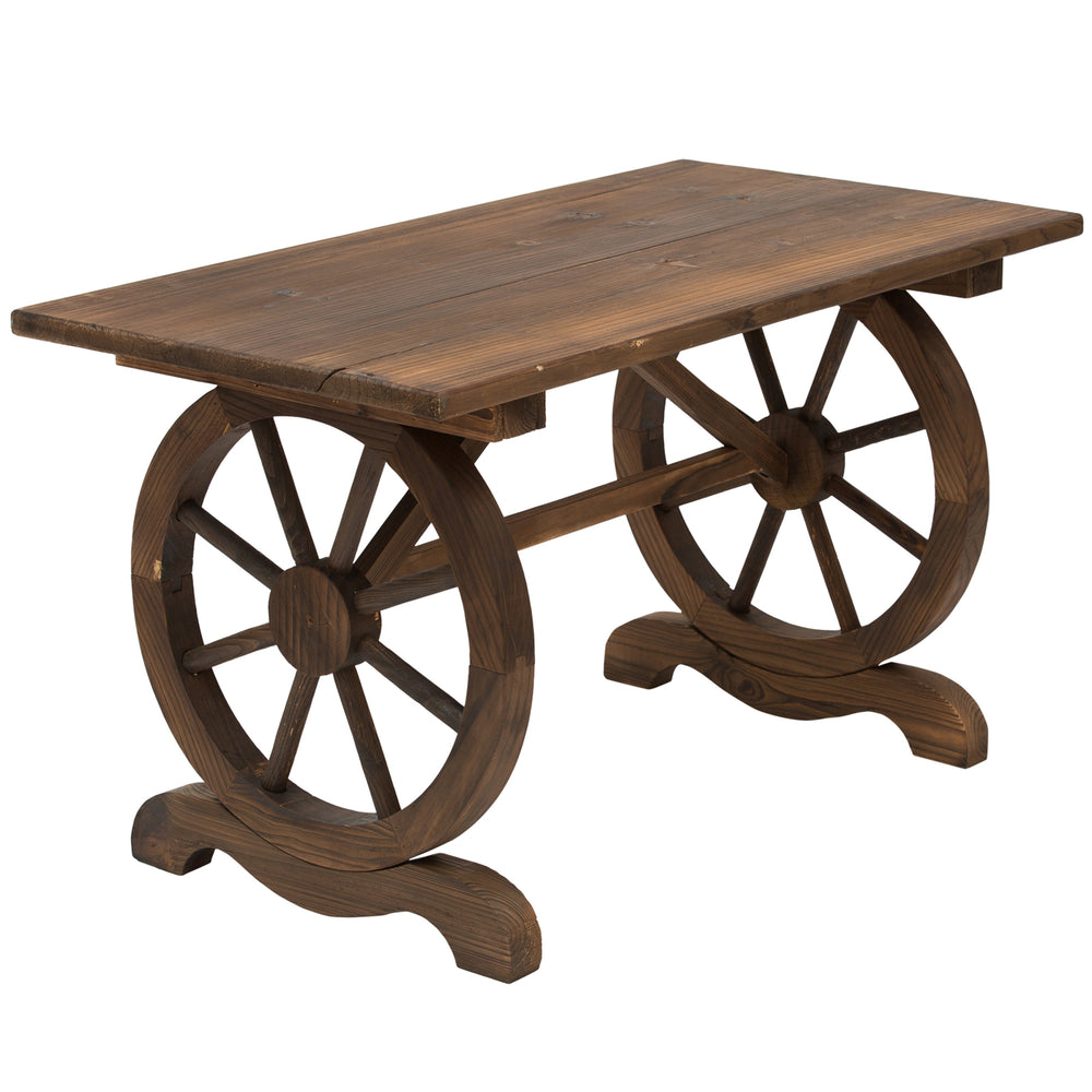 Outsunny Wooden Garden Dining Table, Wagon Wheel Outdoor Coffee Table with 3 cm Wood Top for Patio, Balcony, Terrace, 110 x 60 x 65 cm, Carbonised Finish