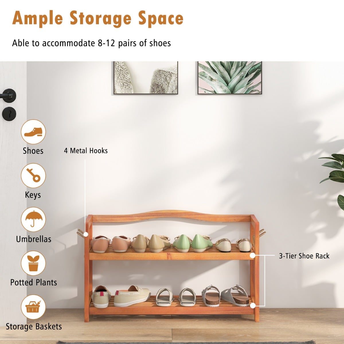 Solid Acacia Wood Shoe Rack Shelf with Side Metal Hooks-2-Tier