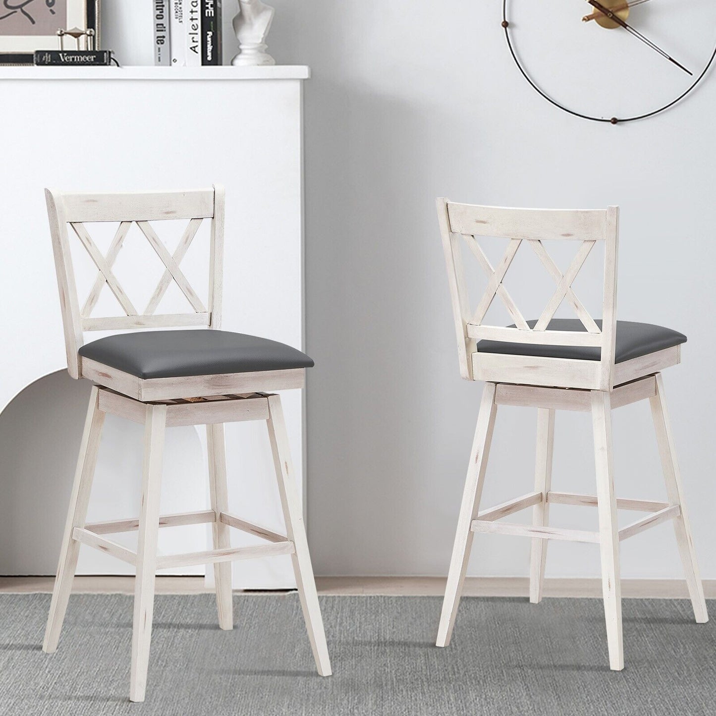 Set of 2 Counter Height Bar Stool with Foot Rest Upholstered Cushion-White