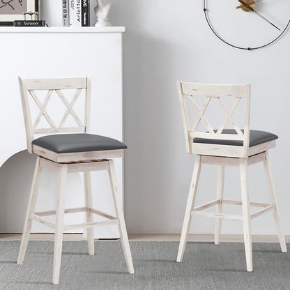Set of 2 Counter Height Bar Stool with Foot Rest Upholstered Cushion-White