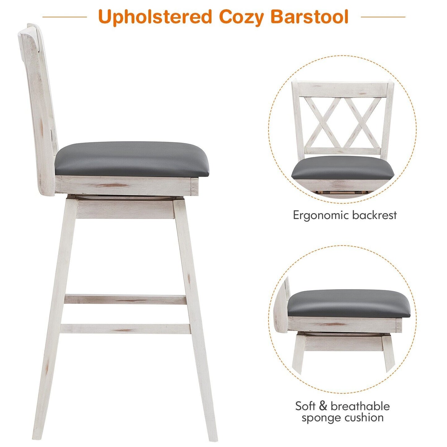 Set of 2 Counter Height Bar Stool with Foot Rest Upholstered Cushion-White