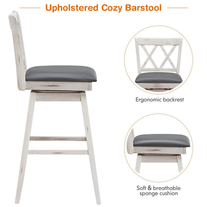 Set of 2 Counter Height Bar Stool with Foot Rest Upholstered Cushion-White