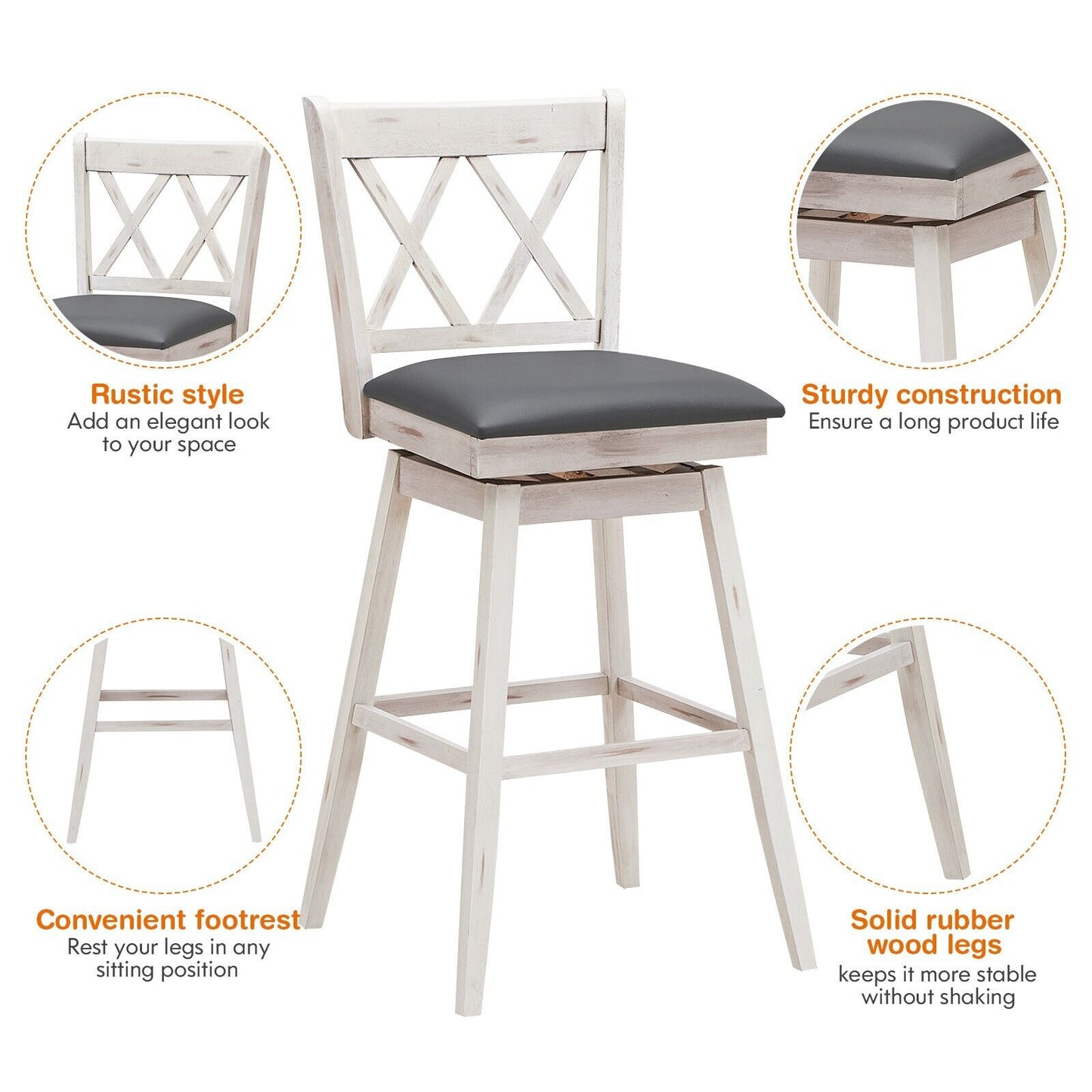 Set of 2 Counter Height Bar Stool with Foot Rest Upholstered Cushion-White