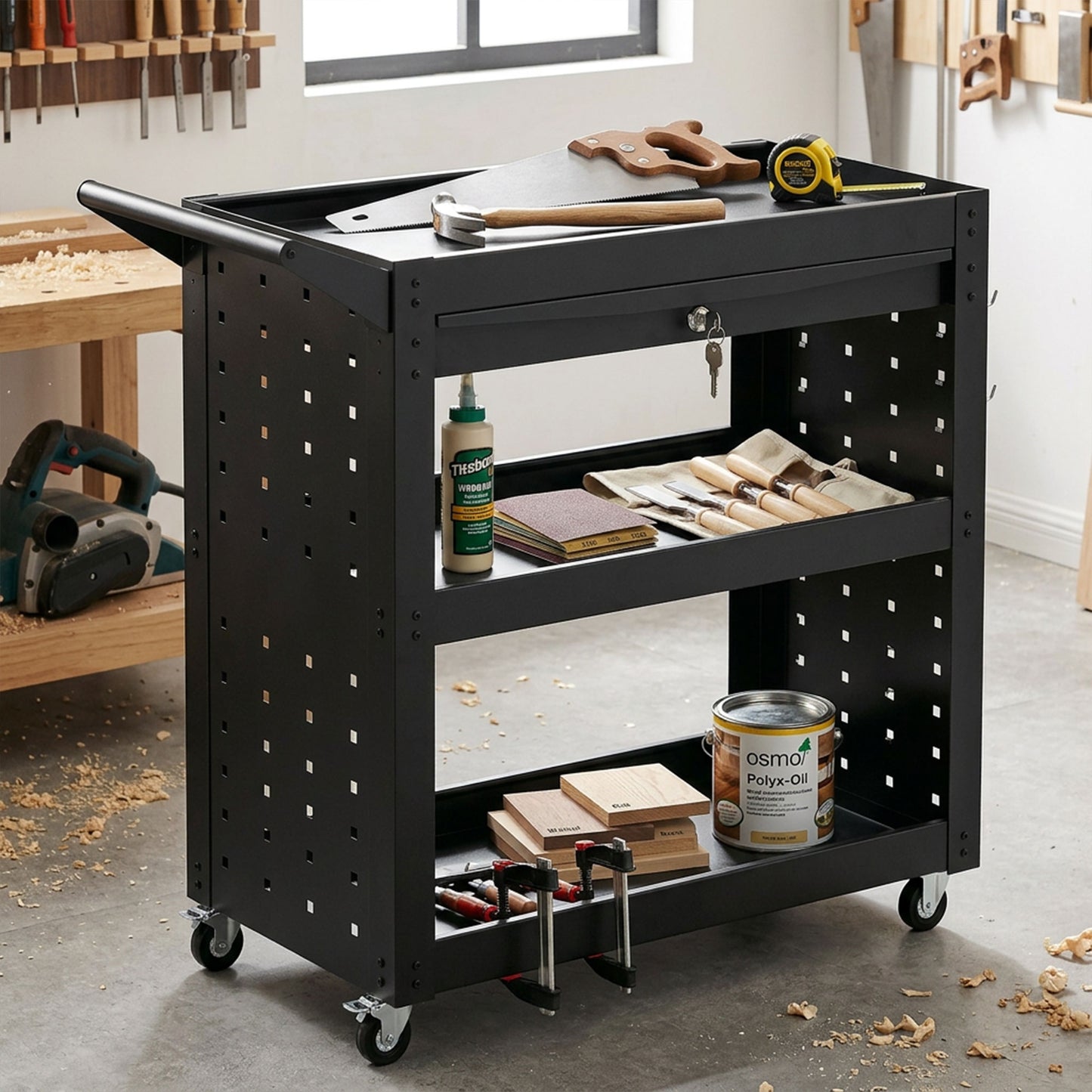 HOMCOM Tool Cart with Lockable Wheels, Rolling Workshop Cart with 3-Tier Trays, Drawer, Pegboards, Black
