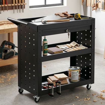 HOMCOM Tool Cart with Lockable Wheels, Rolling Workshop Cart with 3-Tier Trays, Drawer, Pegboards, Black