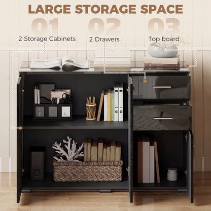HOMCOM Sideboard, Modern Storage Cabinet with 2 Drawers, 3 Doors and Adjustable Shelves, High Gloss Black