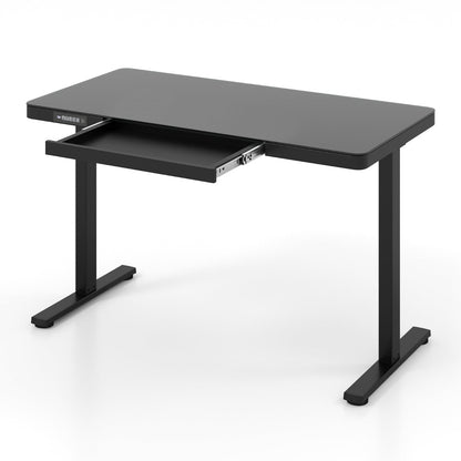 120 x 60 CM Whole-Piece Glass Standing Desk with Drawers, Height Adjustable Desk, Electric Stand up Desk with Writable Tempered Glass Top, USB Type-C Outlets, Memory Presets, Home Office Sit Stand Desk -Black