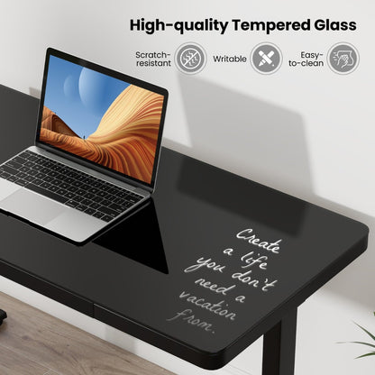120 x 60 CM Whole-Piece Glass Standing Desk with Drawers, Height Adjustable Desk, Electric Stand up Desk with Writable Tempered Glass Top, USB Type-C Outlets, Memory Presets, Home Office Sit Stand Desk -Black