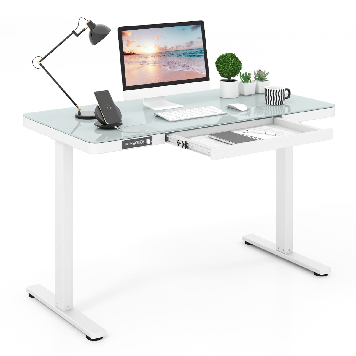 120 x 60 CM Whole-Piece Glass Standing Desk with Drawers, Height Adjustable Desk, Electric Stand up Desk with Writable Tempered Glass Top, USB Type-C Outlets, Memory Presets, Home Office Sit Stand Desk -White