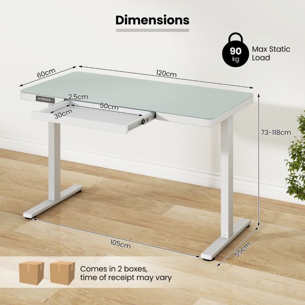 120 x 60 CM Whole-Piece Glass Standing Desk with Drawers, Height Adjustable Desk, Electric Stand up Desk with Writable Tempered Glass Top, USB Type-C Outlets, Memory Presets, Home Office Sit Stand Desk -White