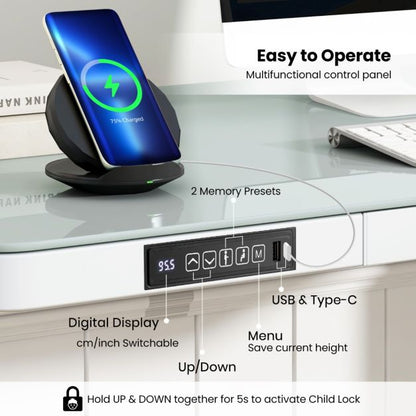 120 x 60 CM Whole-Piece Glass Standing Desk with Drawers, Height Adjustable Desk, Electric Stand up Desk with Writable Tempered Glass Top, USB Type-C Outlets, Memory Presets, Home Office Sit Stand Desk -White