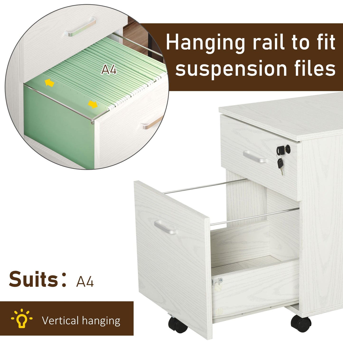 Vinsetto 2-Drawer Locking Office Filing Cabinet w/ 5 Wheels Rolling Storage Hanging Legal Letter Files Cupboard Home Organisation White