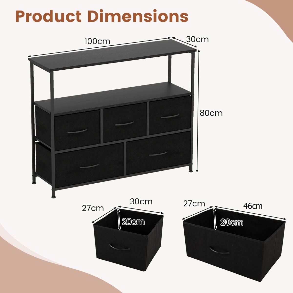 Wide Chest of Drawers with 2 Open Shelves and Heavy Duty Metal Frame-Black