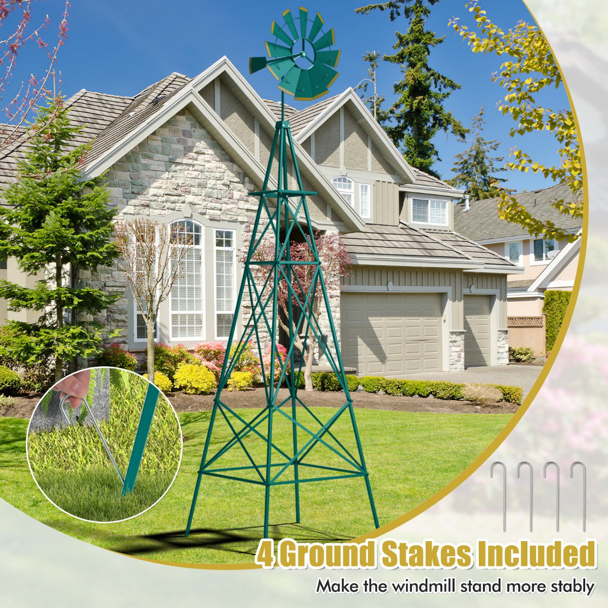 253cm Ornamental Windmill with 4 Support Legs for Backyard, Garden, Farm-Green