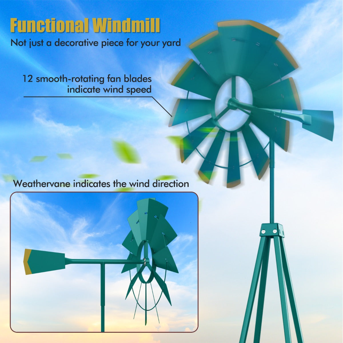 253cm Ornamental Windmill with 4 Support Legs for Backyard, Garden, Farm-Green