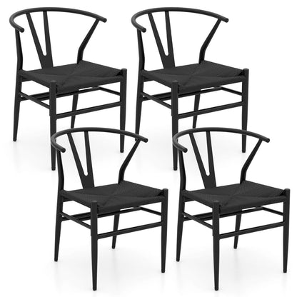 Wishbone Dining Chair Set of 4 with Y-Shaped Backrest and Woven Twine Seat-Black