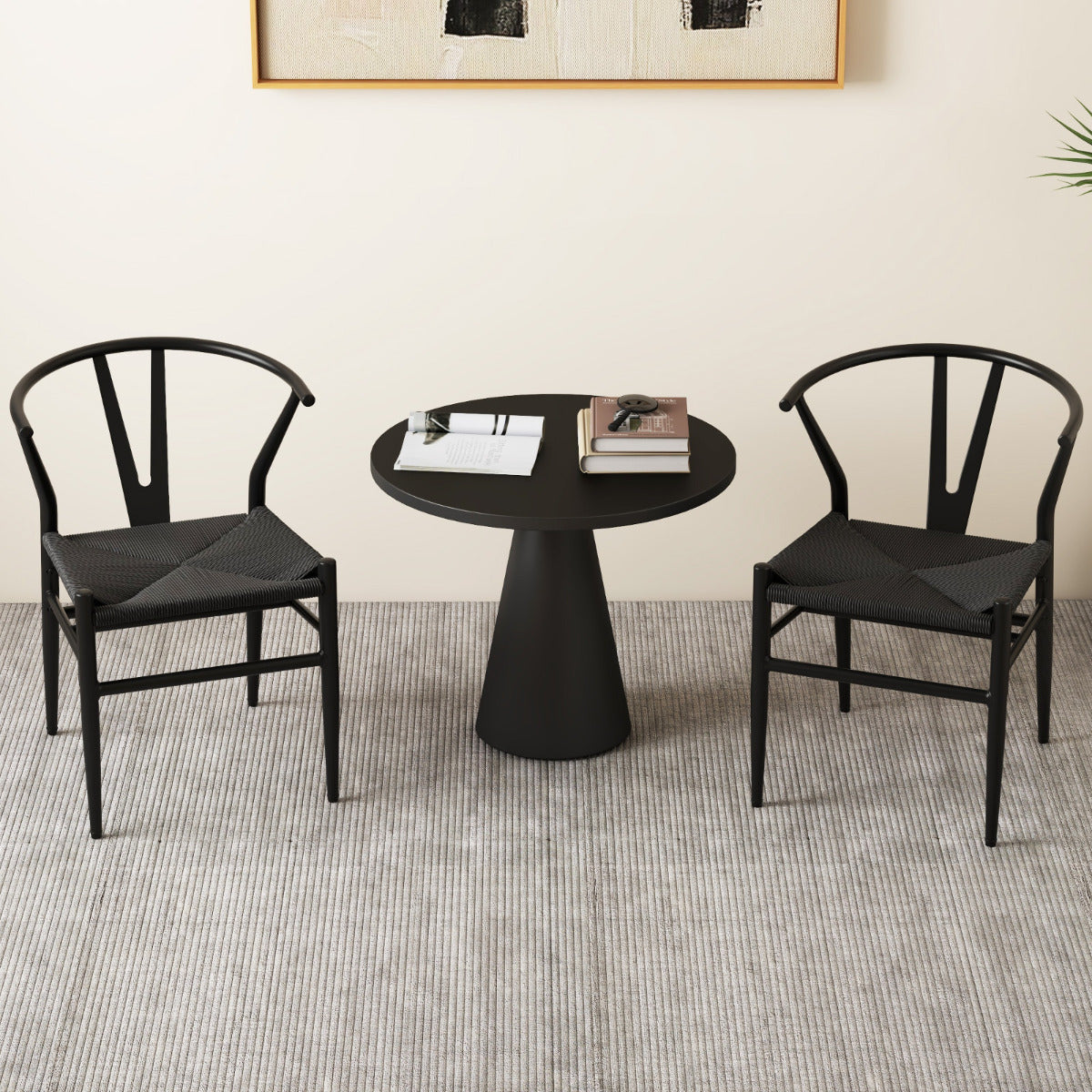 Wishbone Dining Chair Set of 4 with Y-Shaped Backrest and Woven Twine Seat-Black