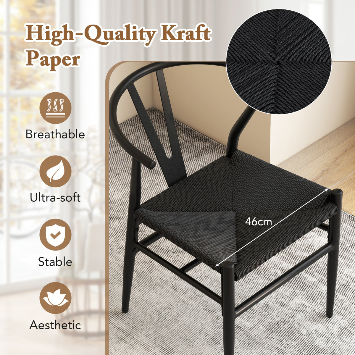 Wishbone Dining Chair Set of 4 with Y-Shaped Backrest and Woven Twine Seat-Black