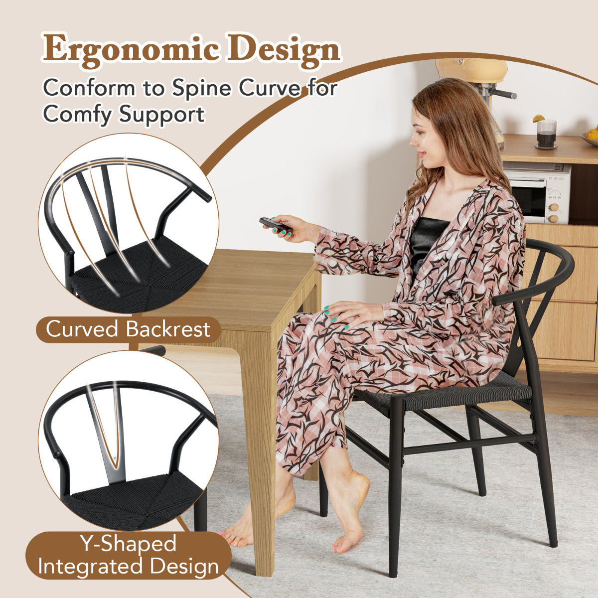 Wishbone Dining Chair Set of 4 with Y-Shaped Backrest and Woven Twine Seat-Black