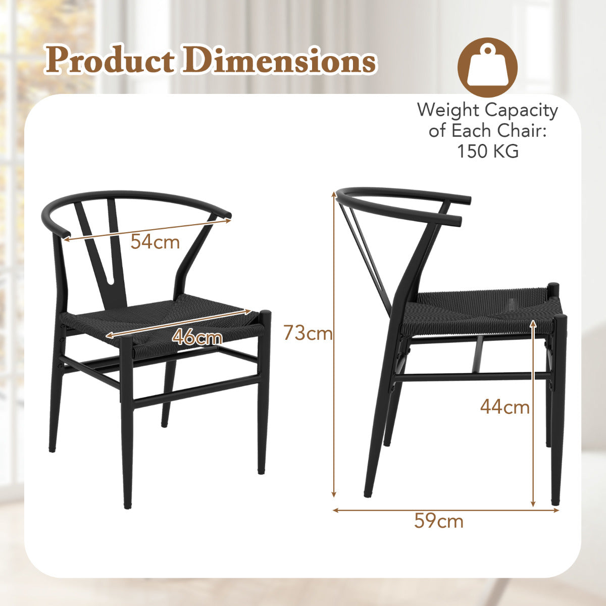 Wishbone Dining Chair Set of 4 with Y-Shaped Backrest and Woven Twine Seat-Black