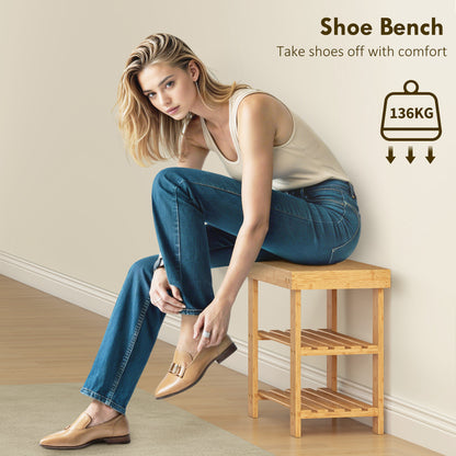 HOMCOM Two Shelf Bamboo Shoe Storage Bench - Natural Finish
