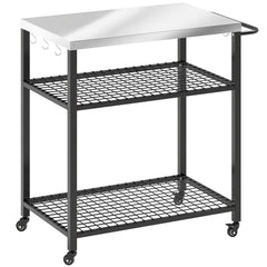 Outsunny Outdoor Grill Cart with Stainless Steel Tabletop, 3-Tier Pizza Oven Stand with 2 Shelves, 6 Hooks, Wheels, Black