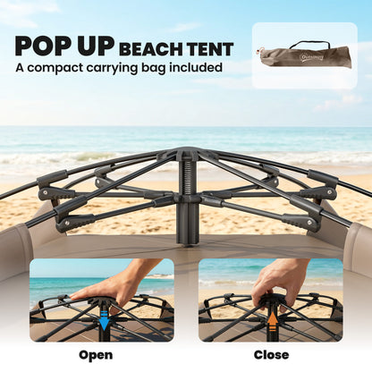 Outsunny 2-3 Person Pop Up Beach Tent, UPF15+ Sun Shelter with Extended Floor, Sandbags, Mesh Windows and Carry Bag, Brown