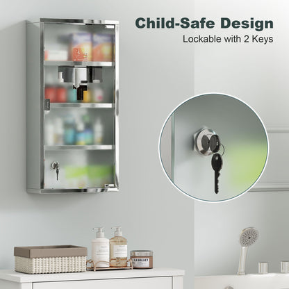 HOMCOM 4 Tier Stainless Steel Wall Mounted Medicine Cabinet Glass Lockable Door Storage Shelves Houseware Bathroom Furniture 60Hx30Wx12D(cm) w/2 Keys