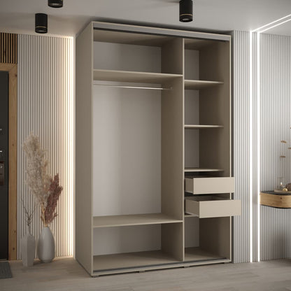 Beige wardrobe with shelves and drawers in a room with striped walls and a door.