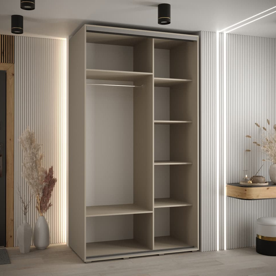 Modern wardrobe with open shelves in a room with striped walls and decorative elements.