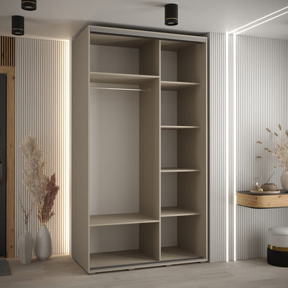Modern wardrobe with open shelves in a room with striped walls and decorative elements.