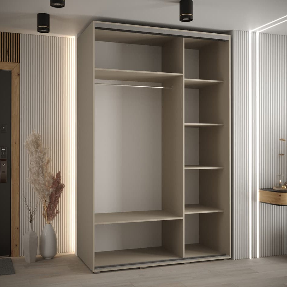 Beige wardrobe with shelves in a room with striped wallpaper and a door.