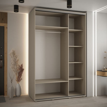 Beige wardrobe with shelves in a room with striped wallpaper and a door.