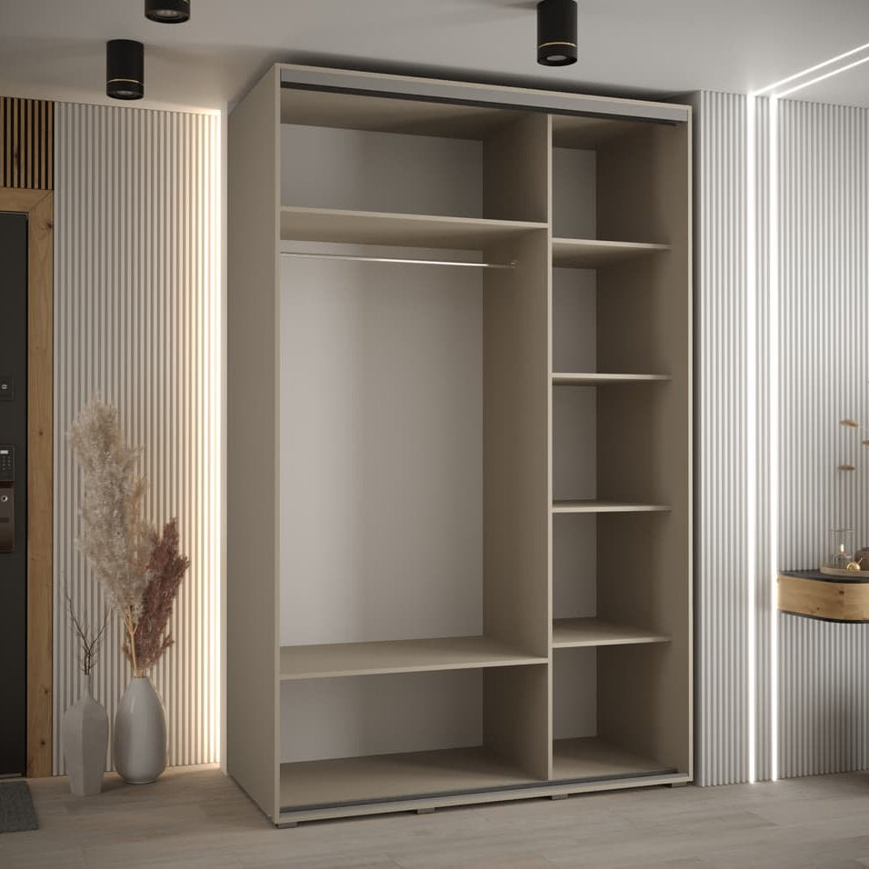 Beige wardrobe with shelves in a room with striped wallpaper and a door.