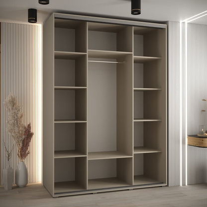 Large beige wardrobe with open shelves in a room with striped walls.