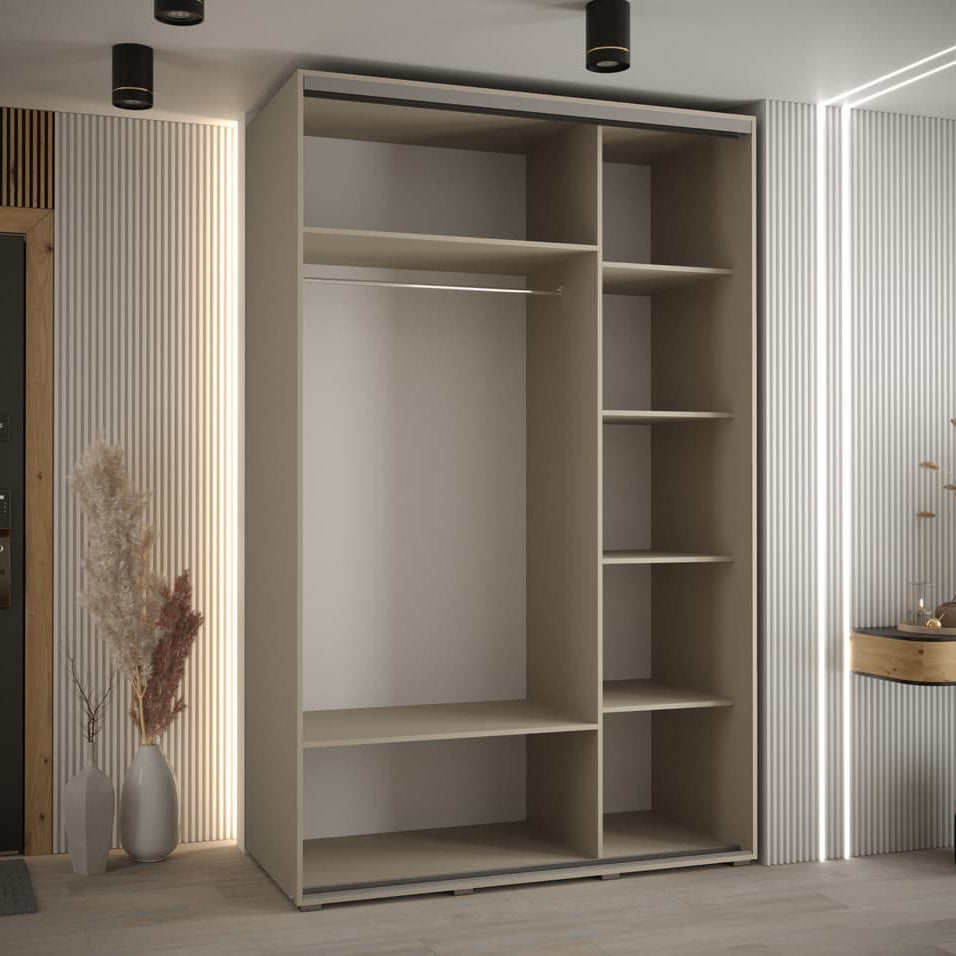 Beige wardrobe with shelves in a room with striped wallpaper and a door.