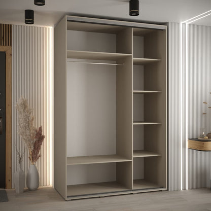 Beige wardrobe with shelves in a room with striped wallpaper and a door.
