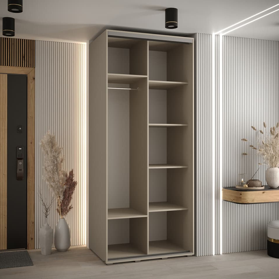 Beige wardrobe with shelves in a modern room setting with decor elements.
