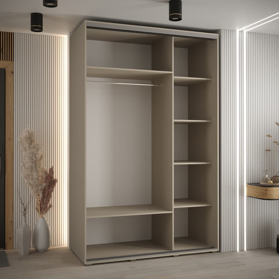 Beige wardrobe with shelves in a room with striped wallpaper and a door.