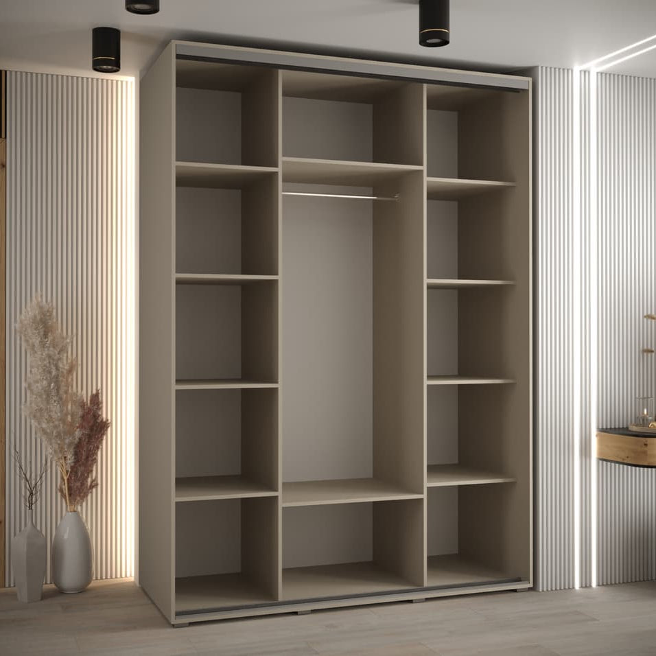 Large beige wardrobe with open shelves in a room with striped walls and a mirror.