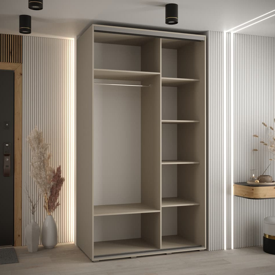 Modern wardrobe with open shelves in a room with striped walls and decorative elements.