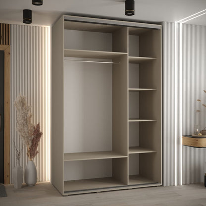 Beige wardrobe with shelves in a room with striped walls and a door.