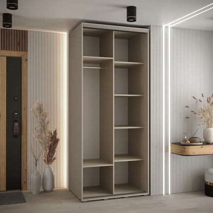 Beige wardrobe with shelves in a room with wooden door and striped walls