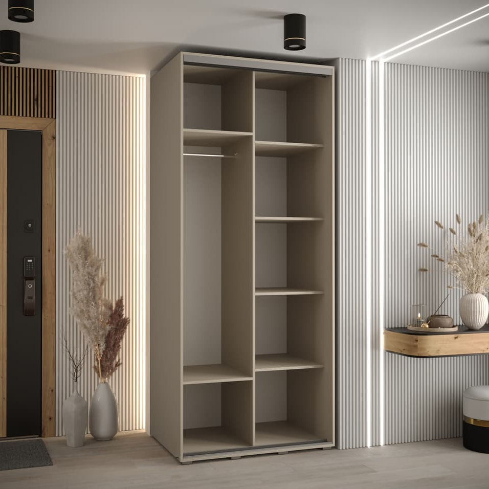 Beige wardrobe with shelves in a modern room setting with decor elements.