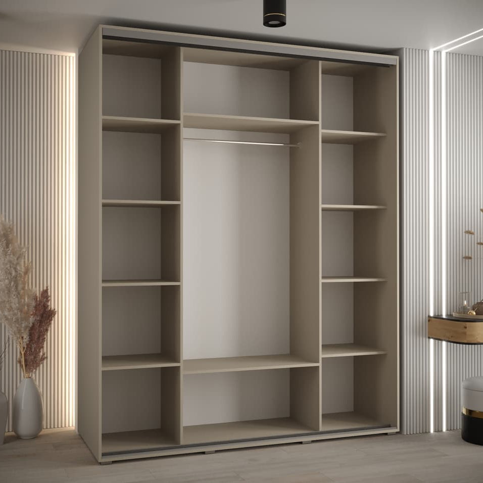 Beige wardrobe with sliding door in a modern room setting