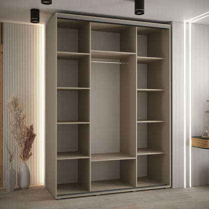 Large beige wardrobe with open shelves in a room with striped walls.