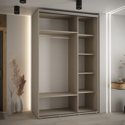Beige wardrobe with shelves in a room with striped wallpaper and a door.