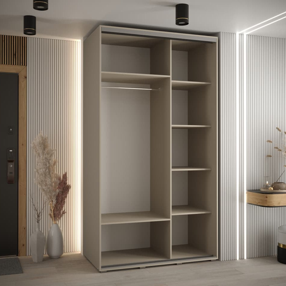 Modern wardrobe with open shelves in a room with striped walls and decorative elements.