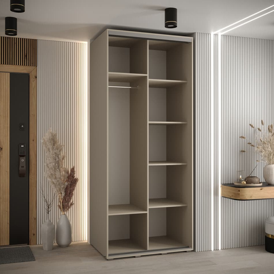 Beige wardrobe with shelves in a modern room setting with decor elements.