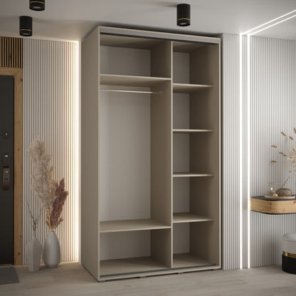 Modern wardrobe with open shelves in a room with striped walls and decorative elements.